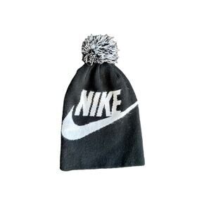 Nike Beanie Hat Black White Swoosh Pom Pom Kids One Size Snow Hiking Cap Hat